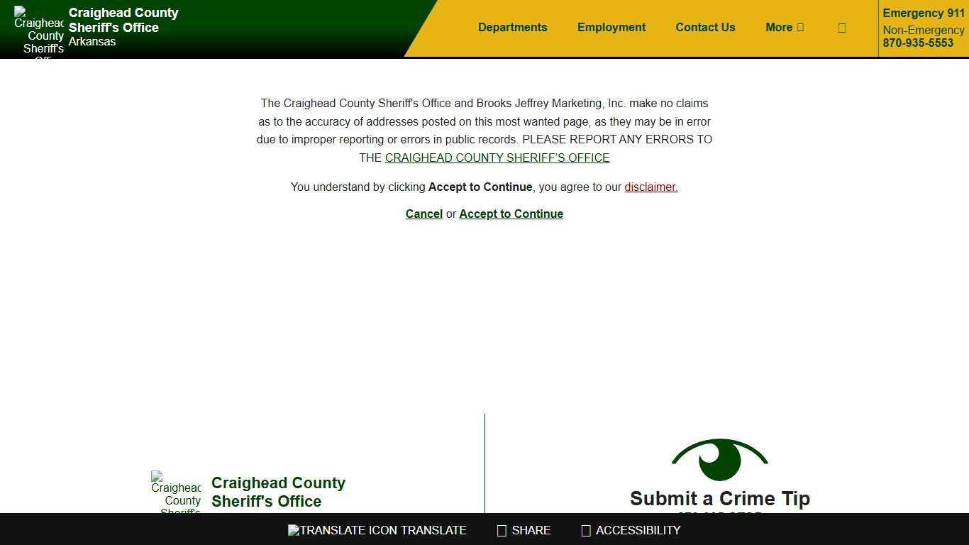 Most Wanted Disclaimer - Craighead County Arkansas Sheriff's Office | Jonesboro - Lake City